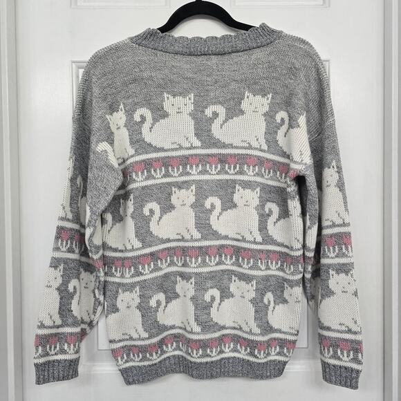 VTG Adele Knitwear Gray Sweater Crew Neck Cottagecore Cozy Catlady Grandma Core - Picture 3 of 7